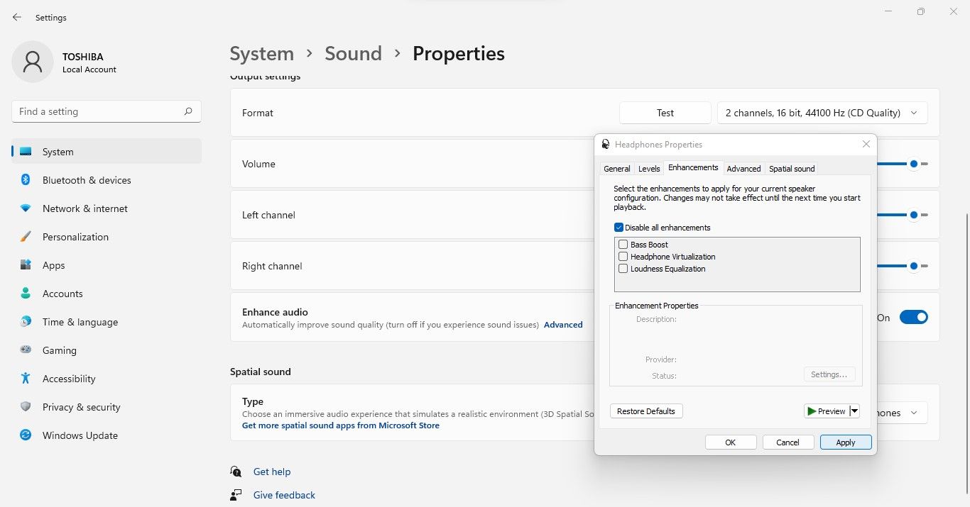  Disabling Audio Enhancements from the Properties Window of Headphones in Windows 11