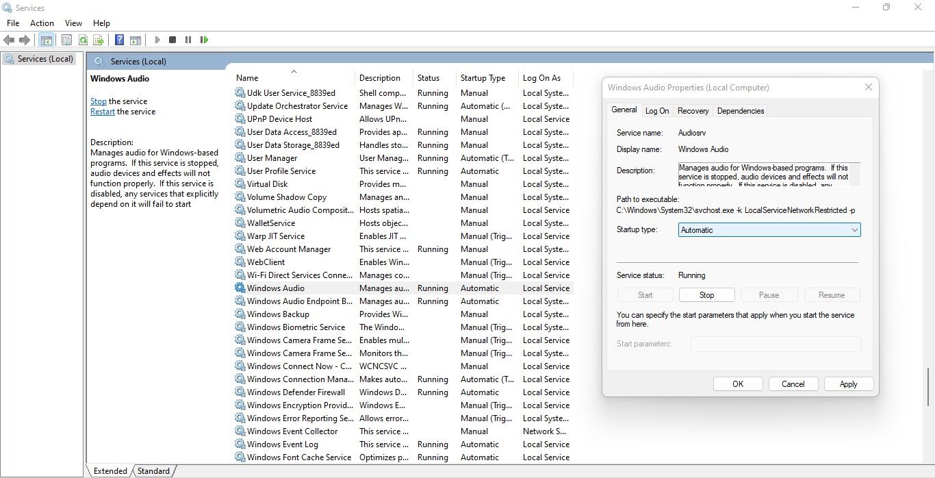 Setting the Startup Type of Windows Audio Service to Automatic in Services Settings