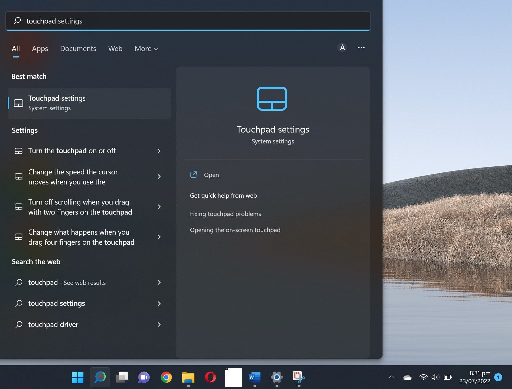 Searching for Touchpad Settings in Windows 11 Search Bar