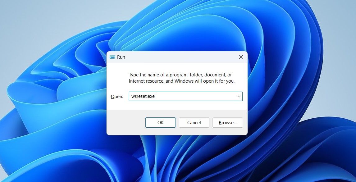 The wsreset command in the Run dialog box