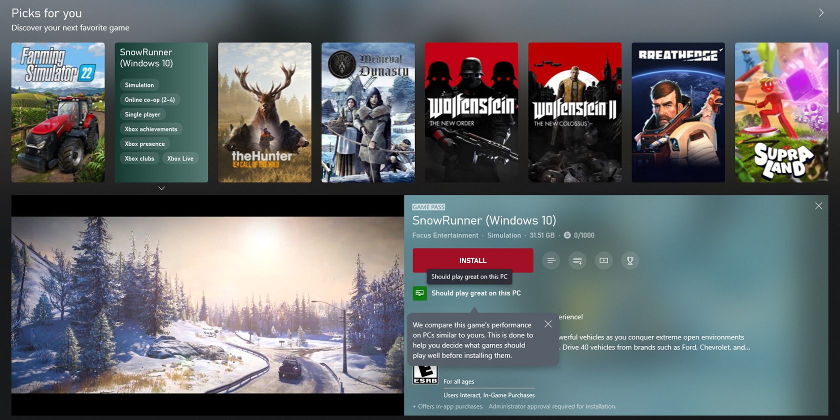 Xbox app showing the Game Performance Fit Indicator for SnowRunner