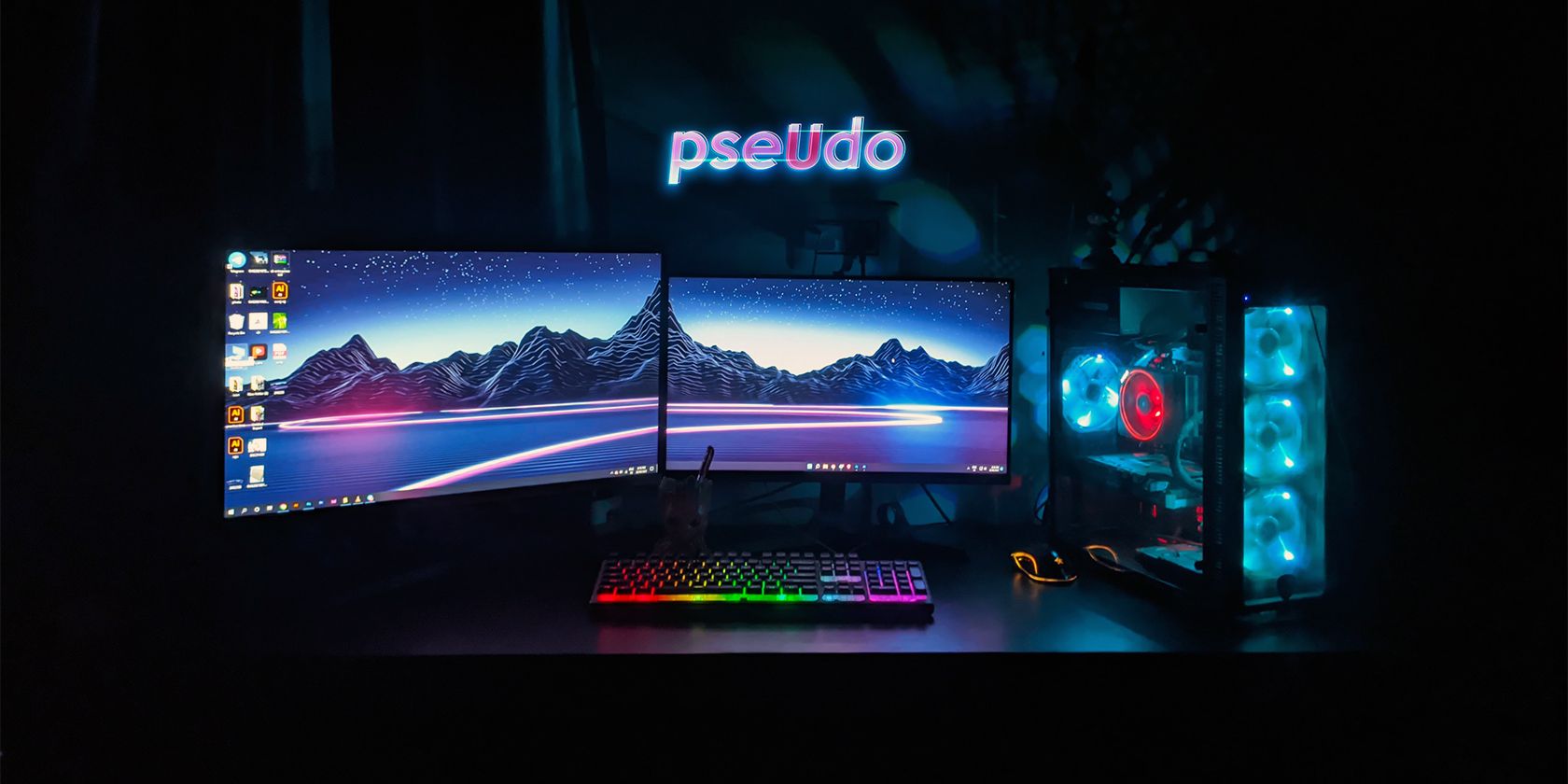 a two-monitor gaming PC on a desk