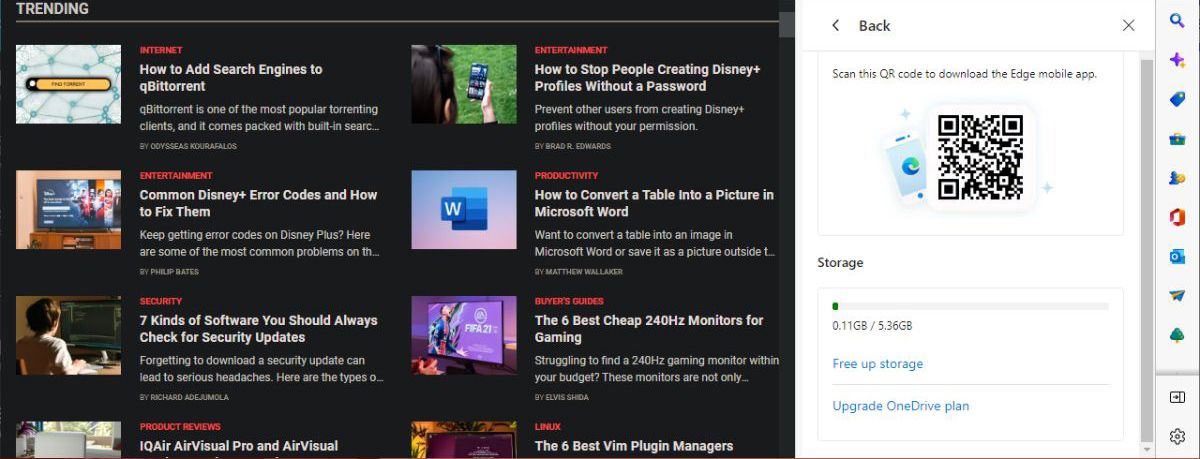 Check OneDrive storage from Microsoft Edge