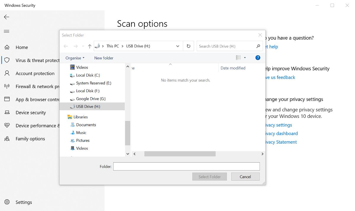 Selecting custom scan location in Defender