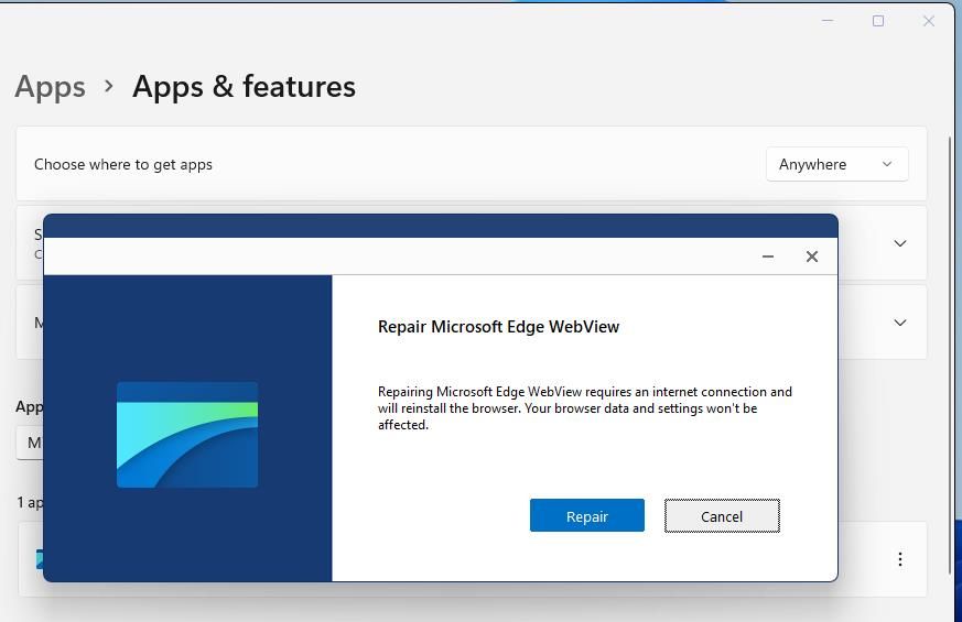 The Repair button for Edge WebView