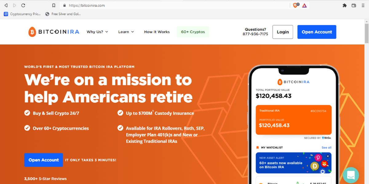 screenshot of bitcoin ira homepage