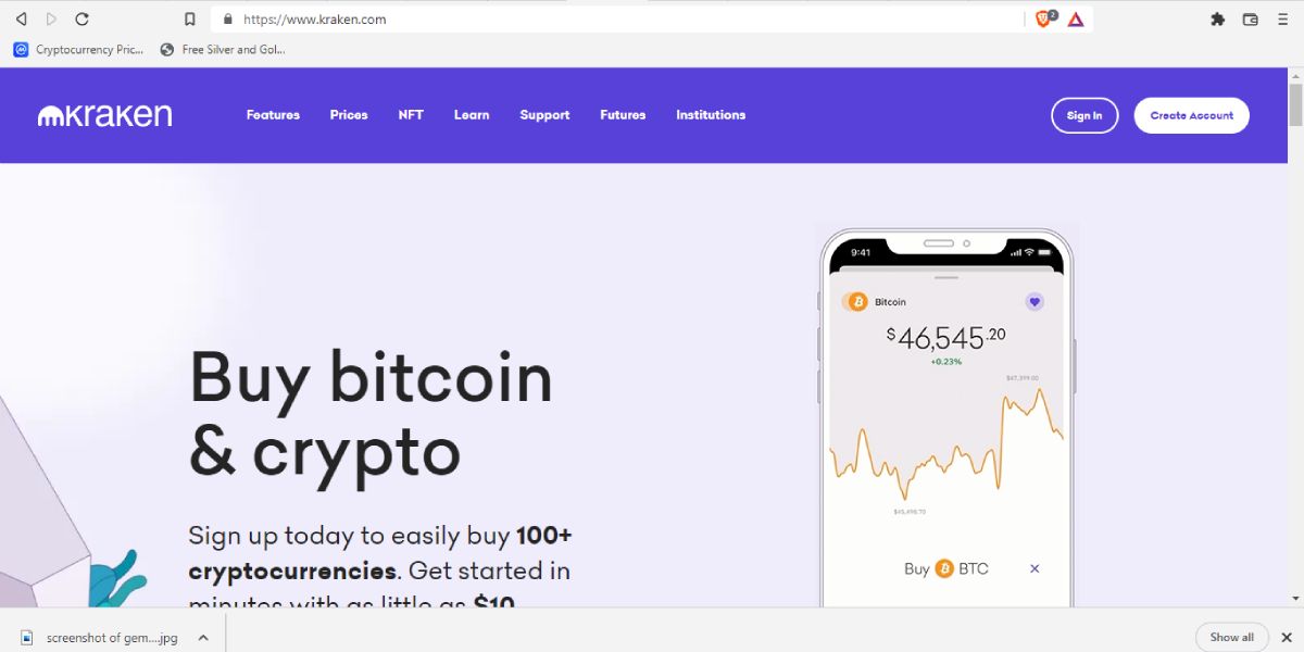 screenshot of kraken homepage