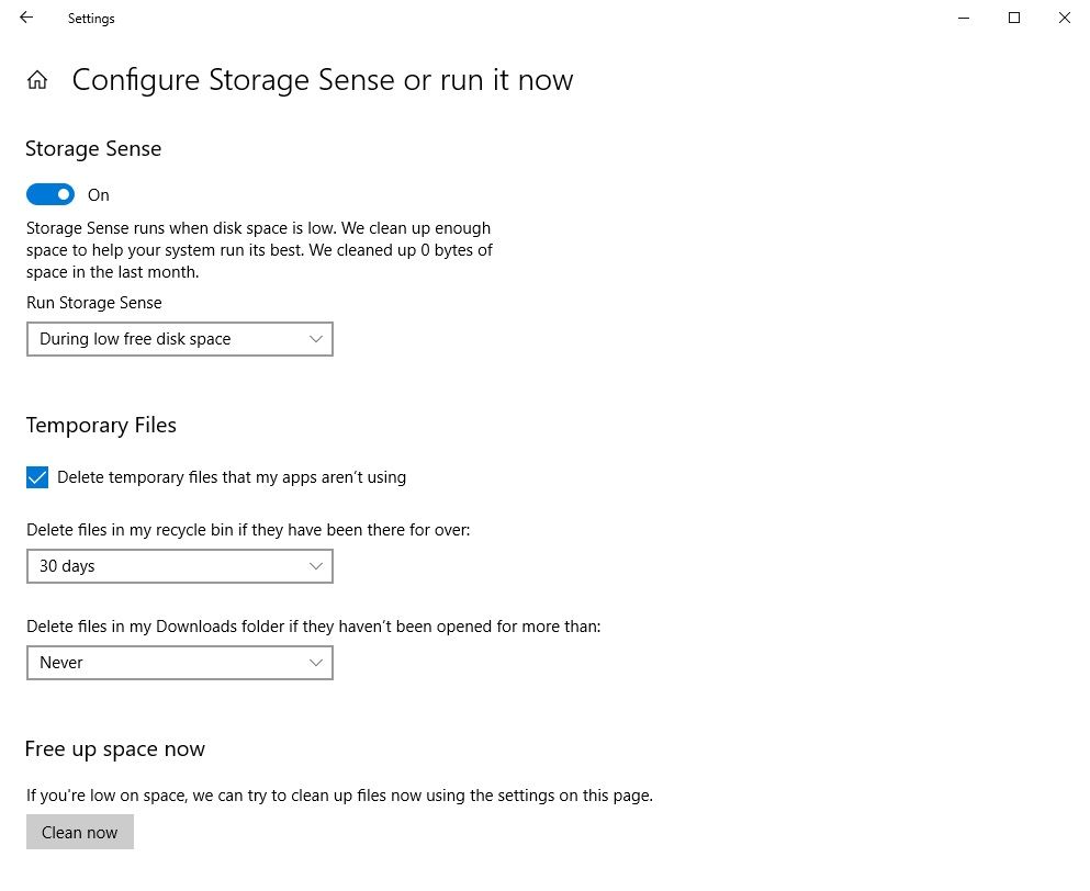 windows 10 storage sense clean up now