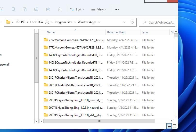 The WindowsApps subfolder