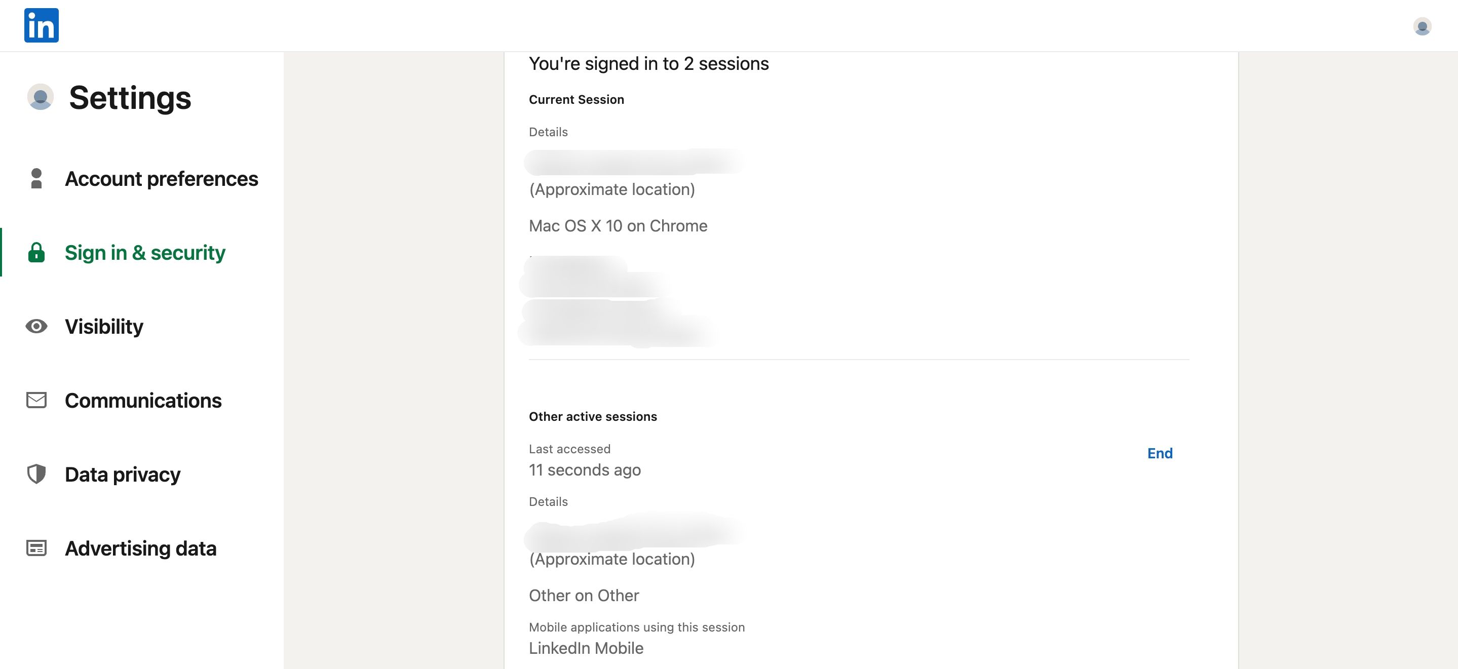 LinkedIn active sessions