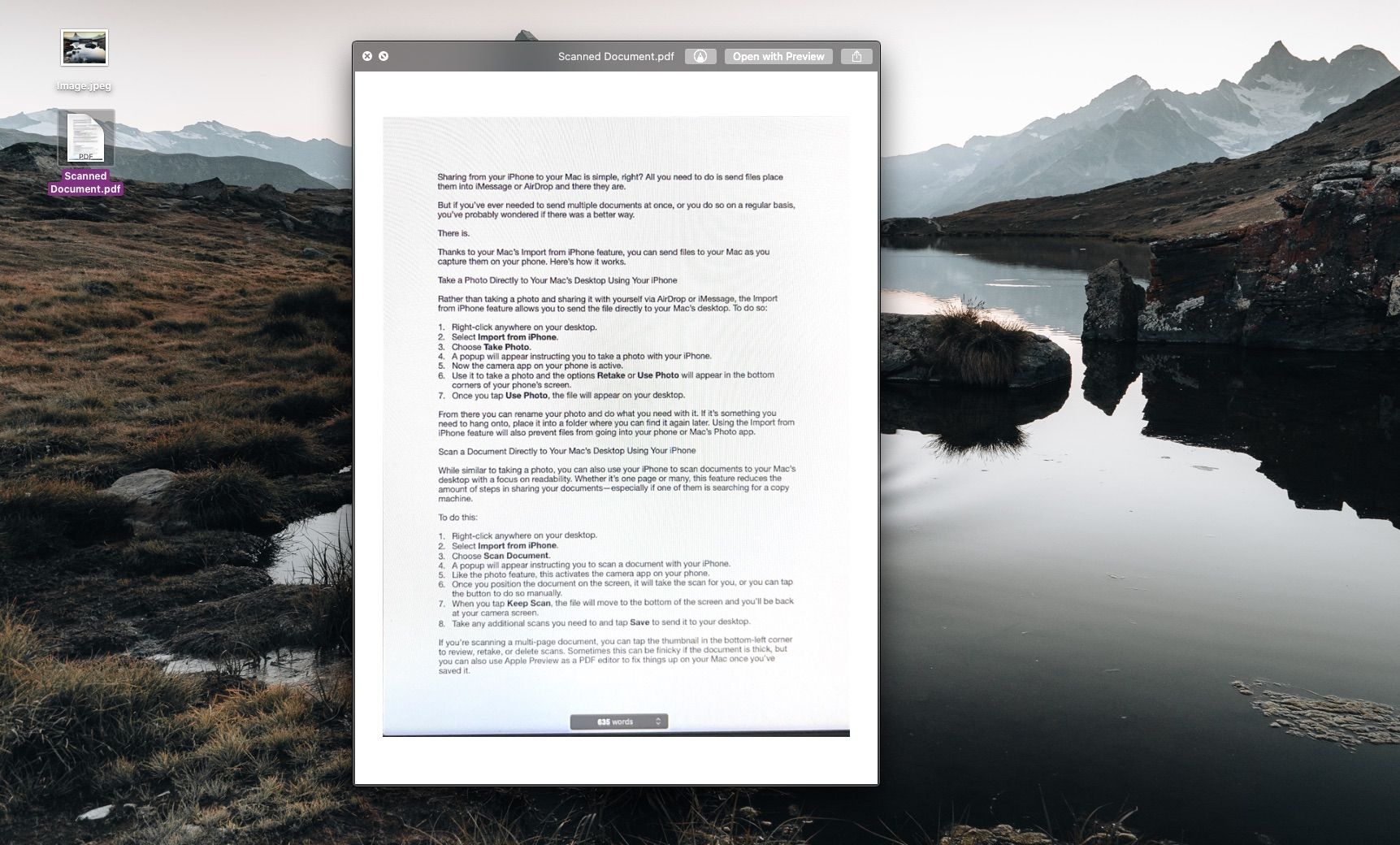 Files on a MacBook Pro desktop with a scanned document in Preview