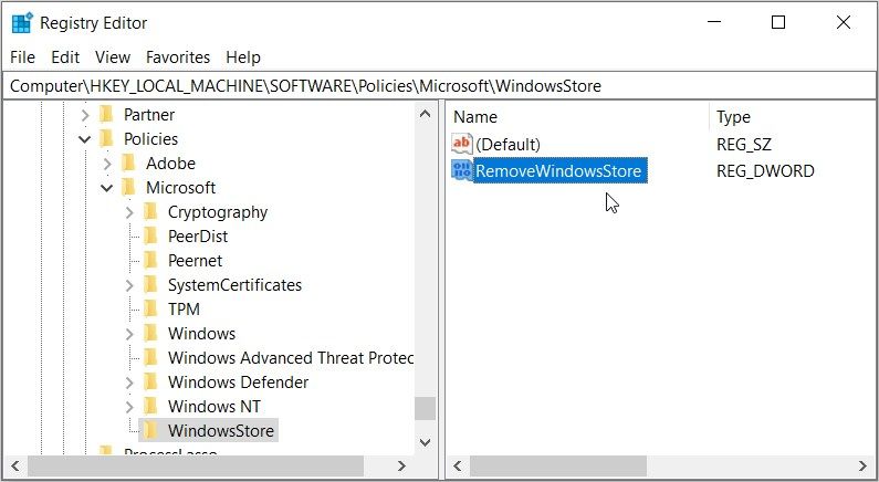 Clicking the “RemoveWindowsStore” value in the Registry Editor
