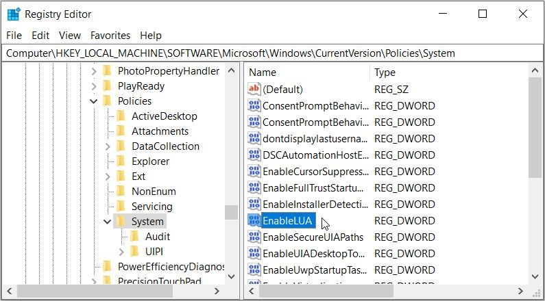 Configuring UAC Settings in the Registry Editor