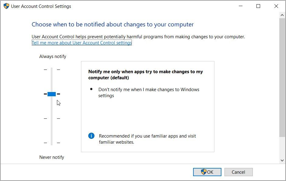 Configuring the UAC Settings Using the Run Command Dialog Box