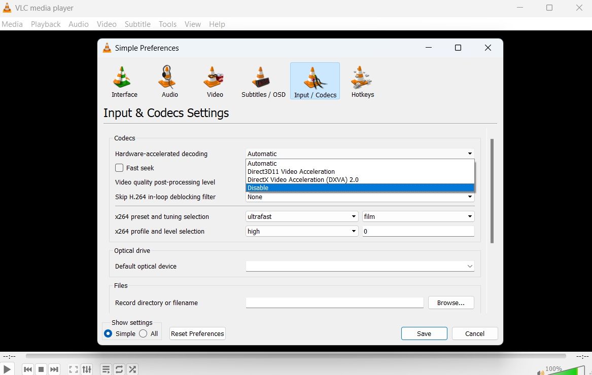 Disable Hardware acceleration on VLC