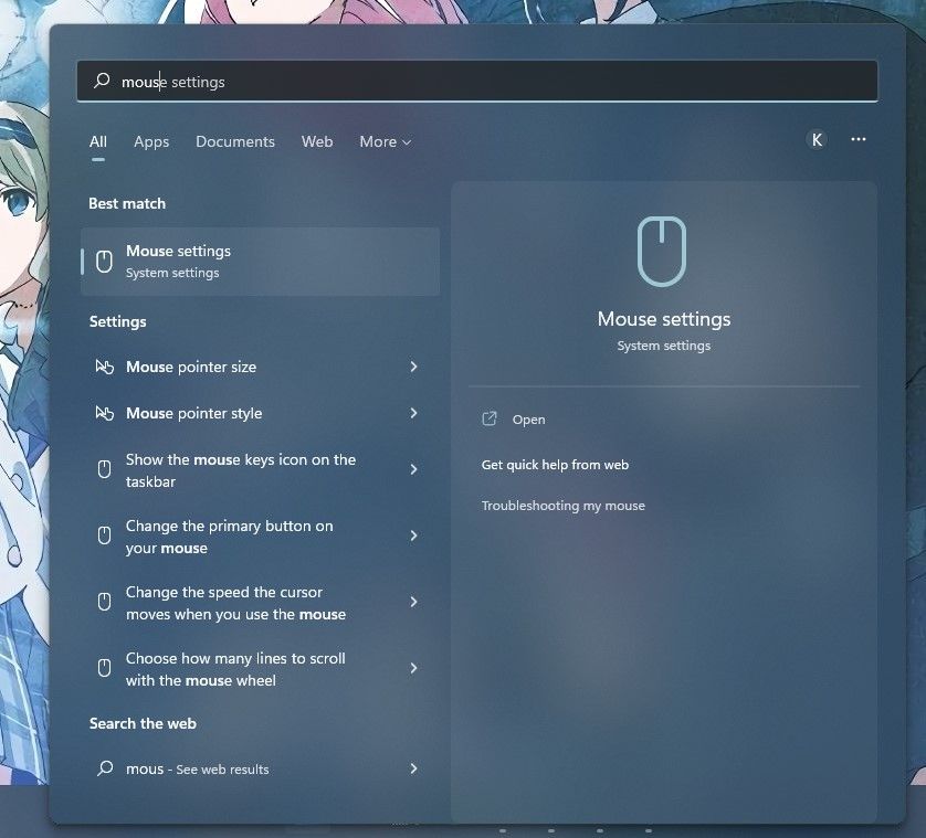 Mouse Settings menu on Windows 11