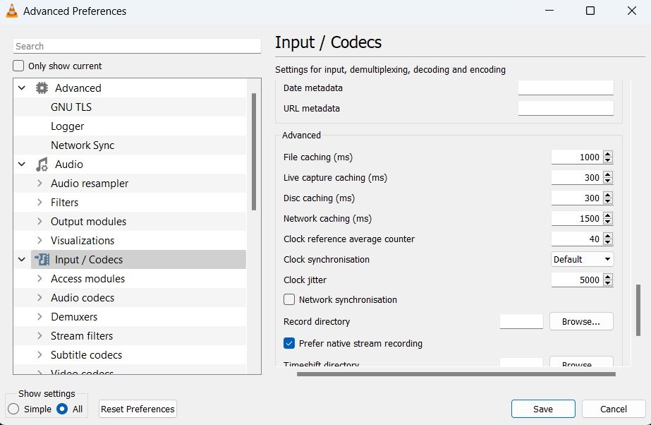 Network caching option in VLC