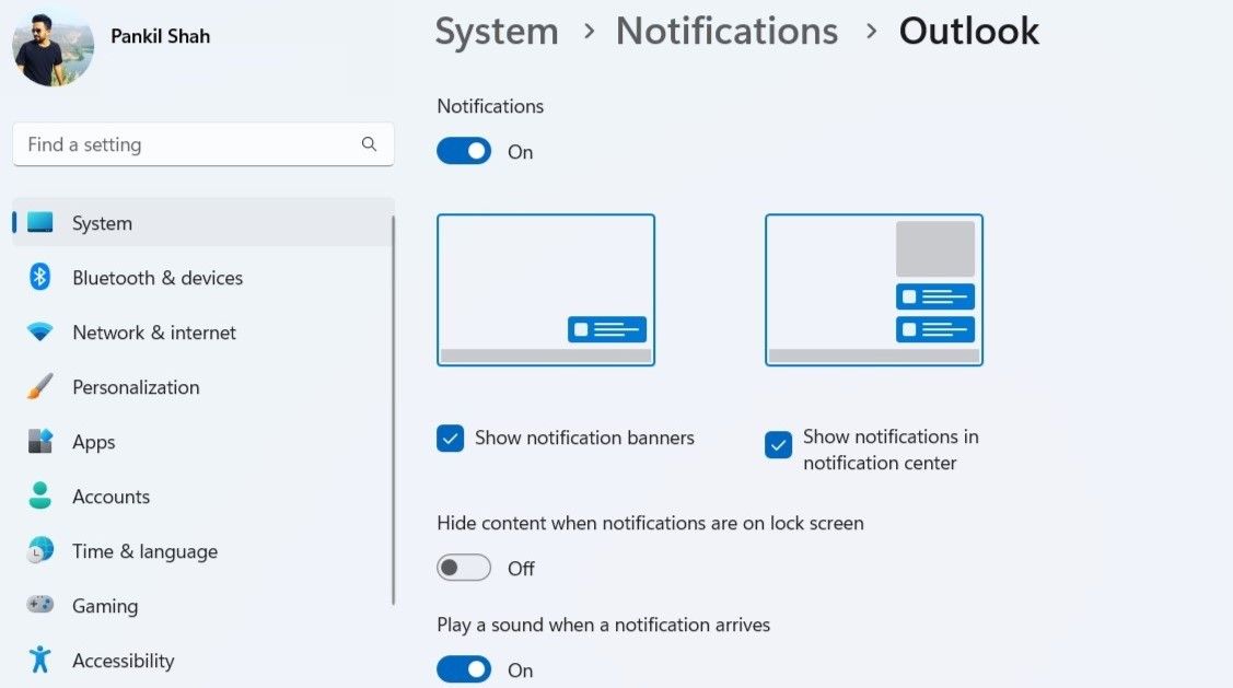 Outlook notification settings on windows