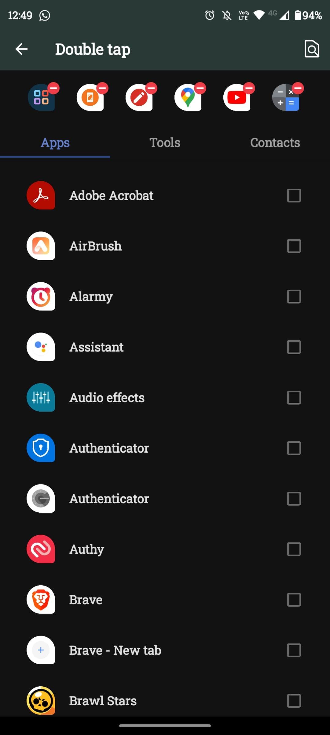 Power tap with list of selectable apps