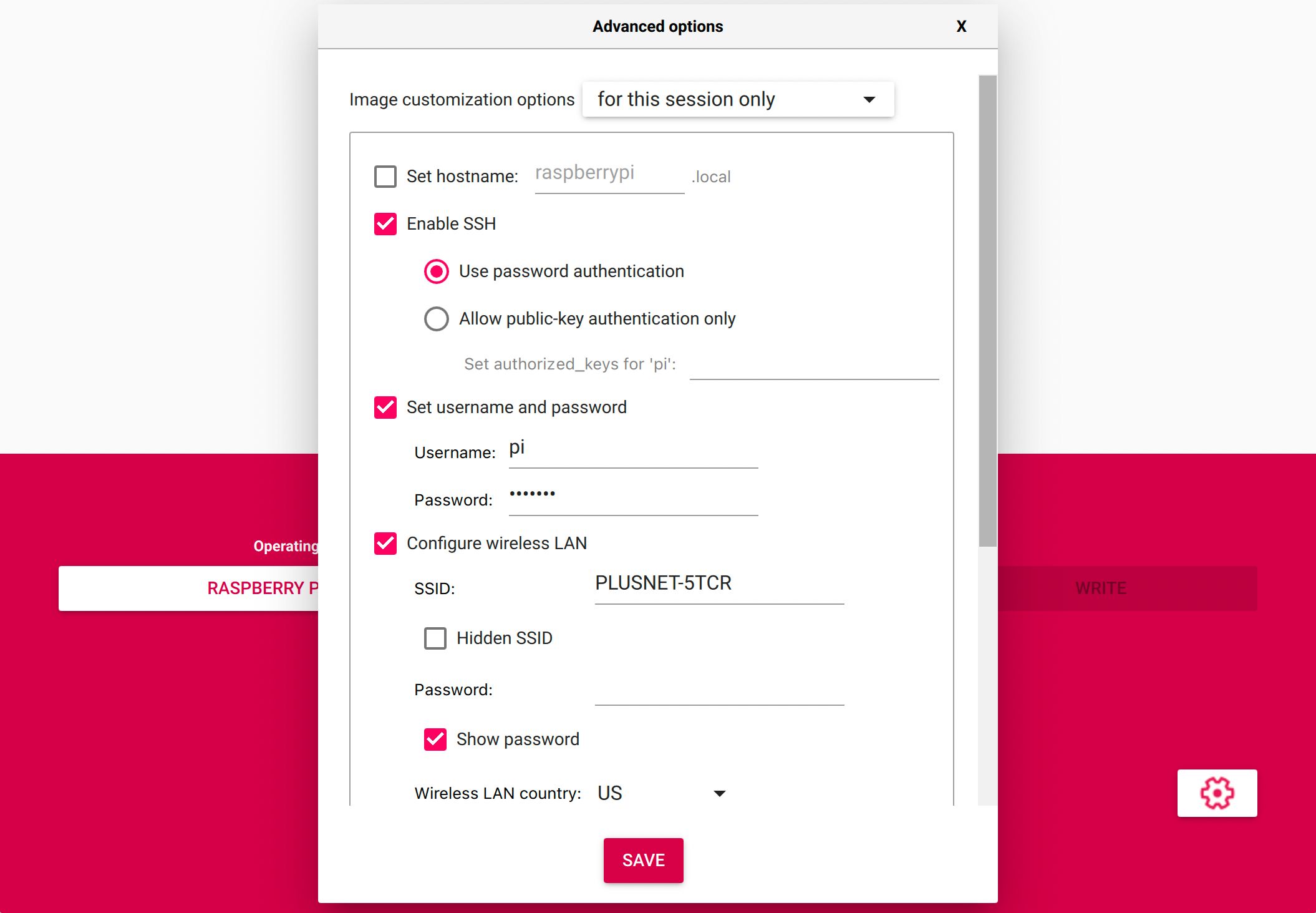 Advanced Settings menu in Raspberry Pi Imager tool