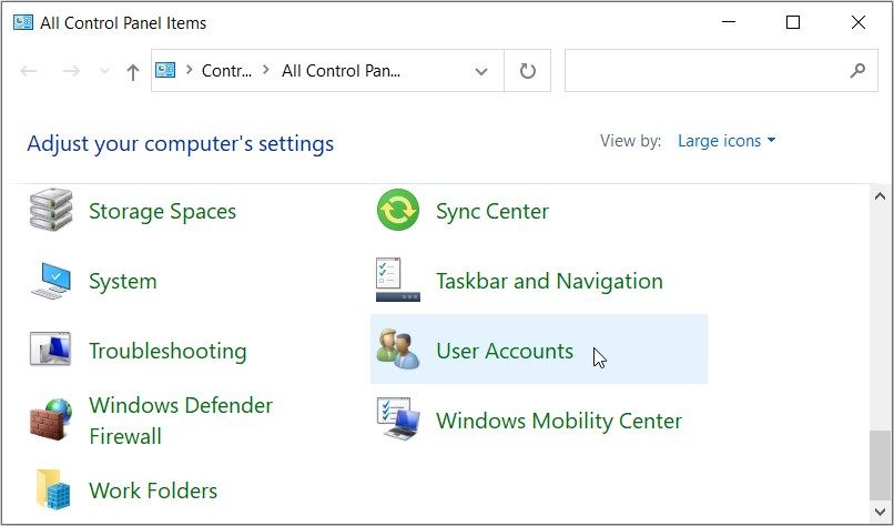 Selecting the User Accounts option on the Control Panel