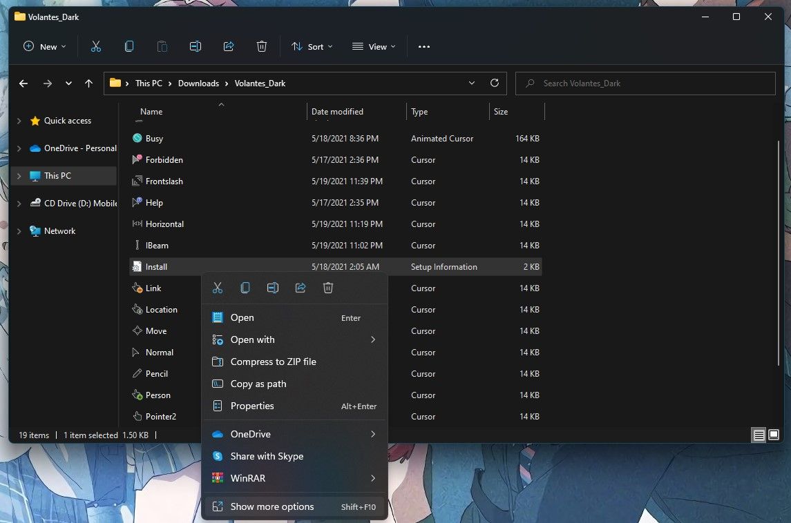 Cursor Installation sub-menu on Windows 11 