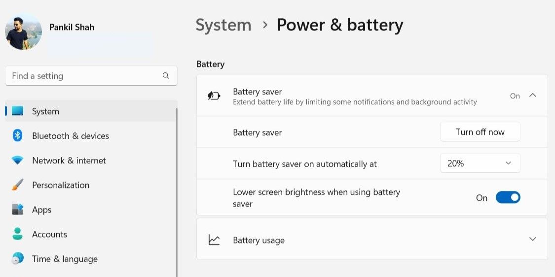 Power & battery settings on Windows