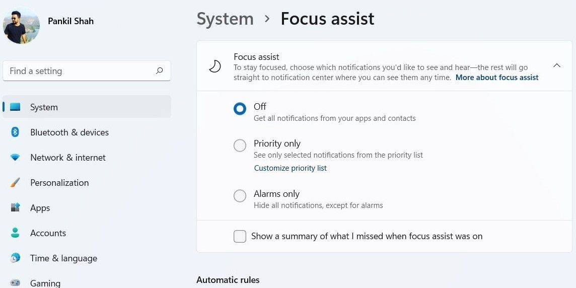 Focus assist settings page on Windows