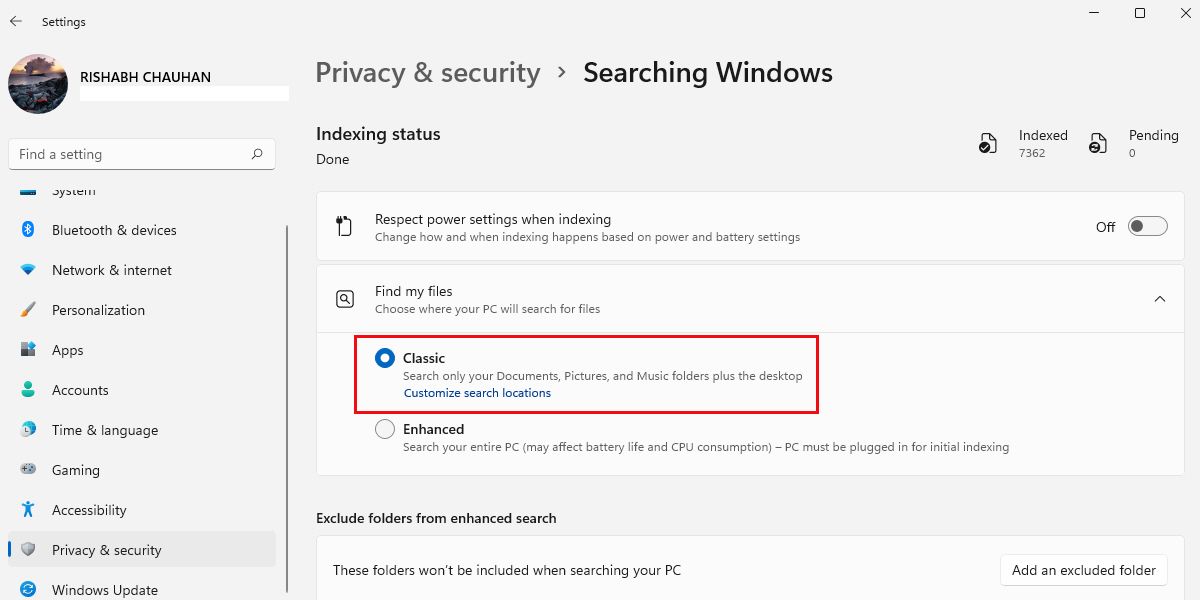 Windows Search Indexing Settings