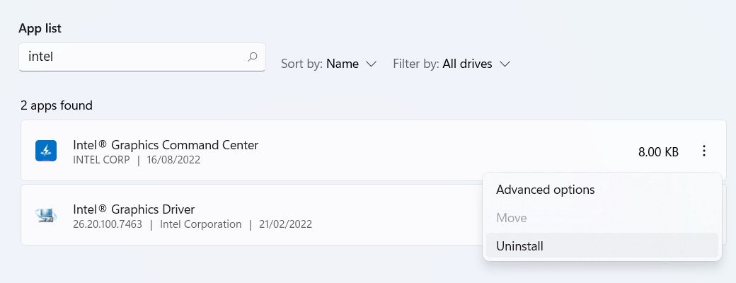 clicking uninstall on the intel graphics command center on the app list in the settings app