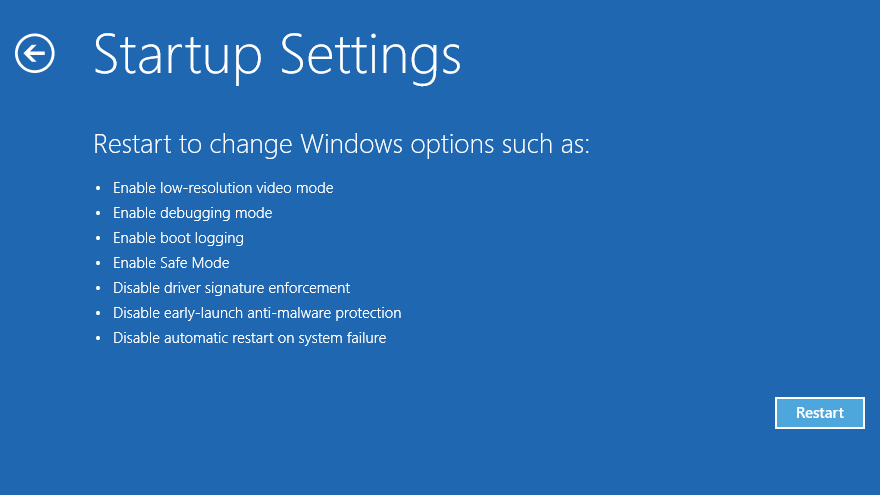 startup settings safe mode