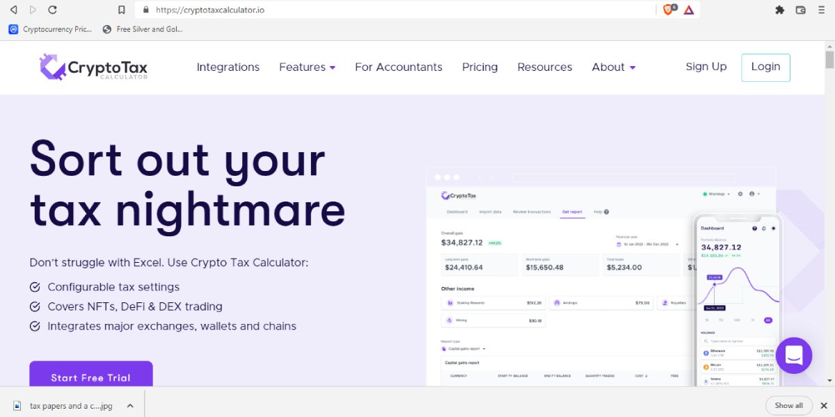 screenshot of cryptotaxcalculator homepage