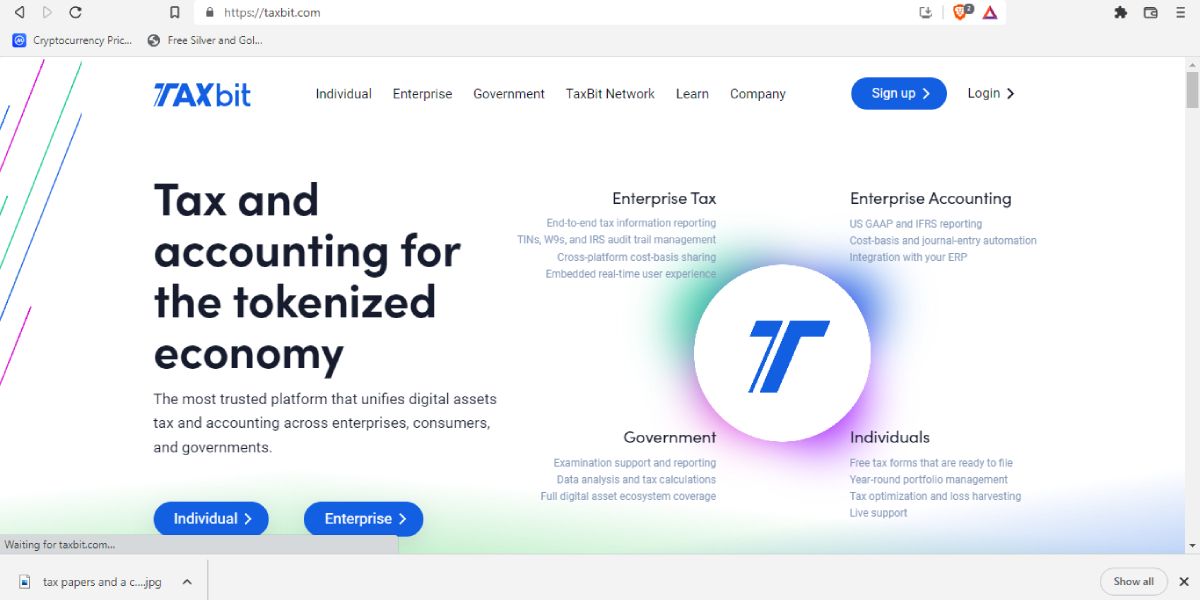 screenshot of taxbit homepage