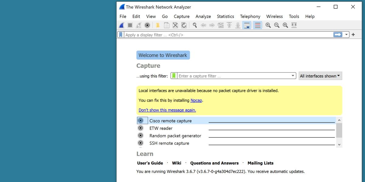 screenshot of wireshark portable