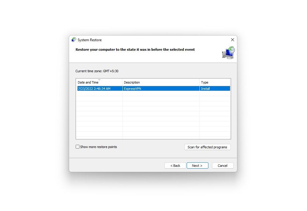 selecting a system restore point