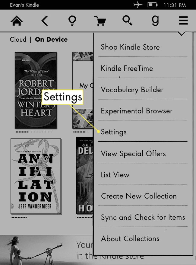 Settings in the Kindle Paperwhite More menu