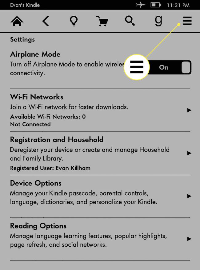 The More menu in Kindle Paperwhite settings