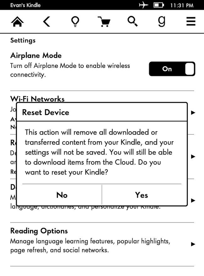 The Reset Device message on a Kindle Paperwhite