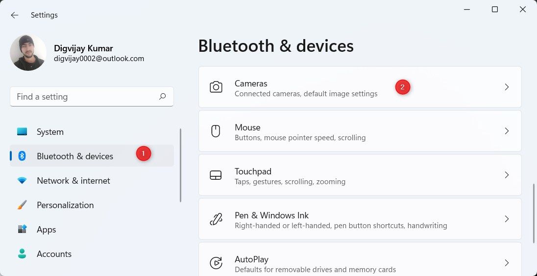 Cameras option in the Settings app