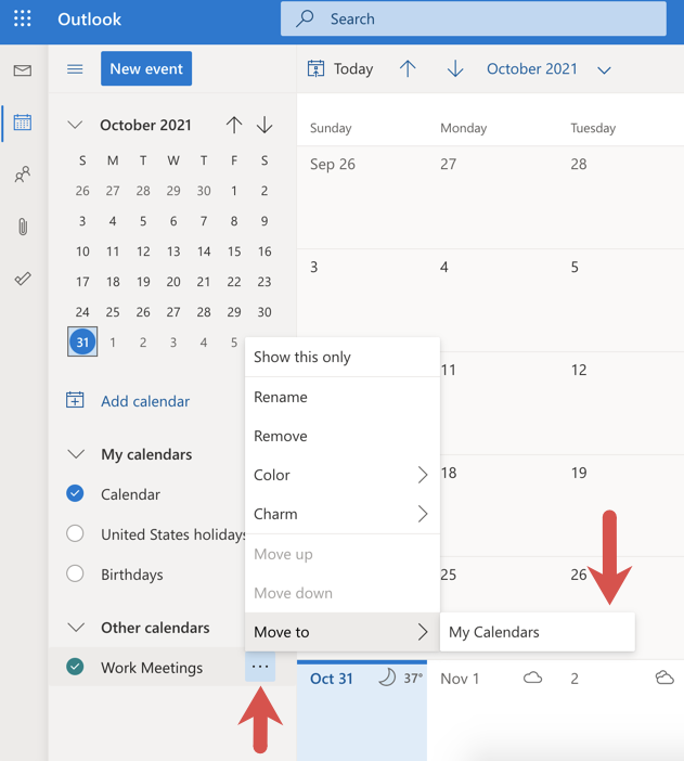 Hover the cursor over the three dots next to the calendar to move it to “My Calendars”